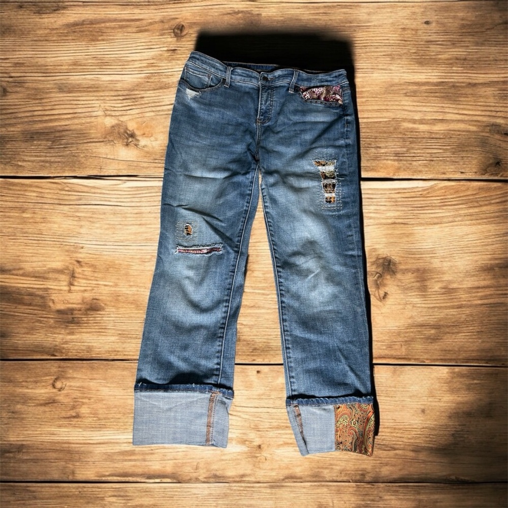 Stylish Chico So Slimming Girlfriend Ankle Blue Jeans with Patchwork